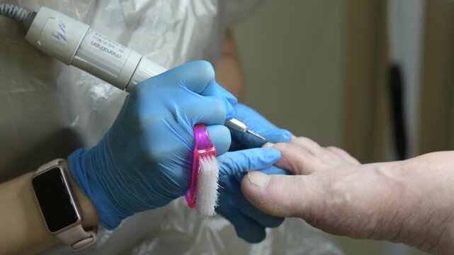 Nail technician performs pedicure using electric file on client's foot
