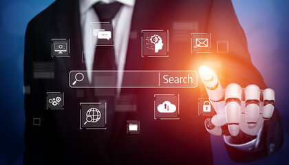 Fototapeta premium AI improves SEO with smart keyword tools, search pattern analysis, and virtual assistants to boost online visibility and marketing reach. Vouch
