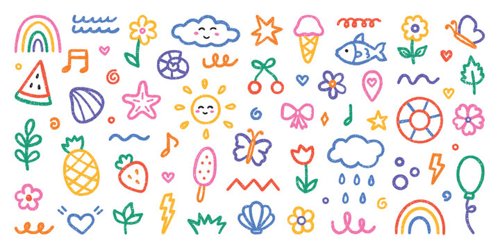 Crayon summer kids icons set and chalk kindergarten hand drawn doodle set. Cute pencil preschool elements. Hand drawn childish scribble rainbow, sun, flower, cloud in sketch style