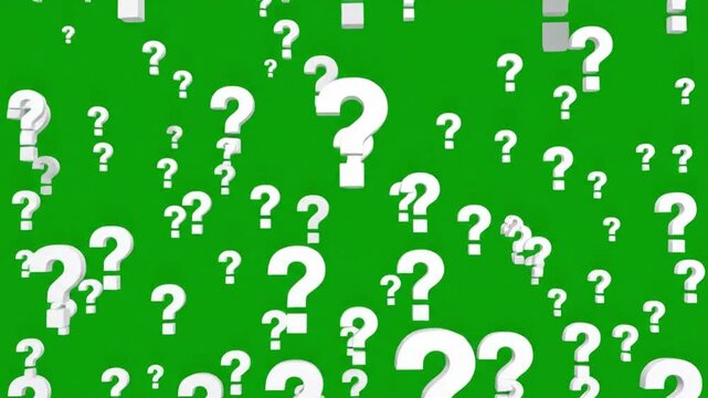 White question marks on green background in chaotic pattern with bold font for puzzle or mystery theme