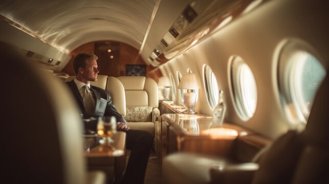 Businessman in suit relaxing in luxurious private jet cabin, looking out window with drink on table, symbolizing wealth, success and executive travel.