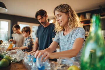Obraz premium Family sorting plastic bottles for recycling together in a cozy kitchen, teaching children about sustainability and eco-friendly living at home.
