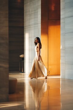 Elegant woman in flowing dress walking through modern sunlit lobby with warm golden reflections on polished floor.