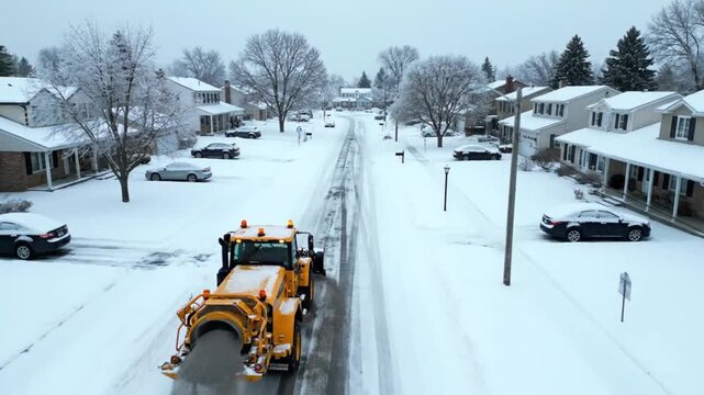 Snowplow clearing snow on suburban street in cold winter morning with orange construction vehicle in aerial view for municipal services