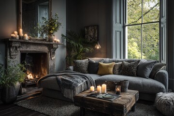 Fototapeta premium Cozy dark living room with fireplace, candles, and grey sofa by large window overlooking green trees, styled with rustic wood coffee table and soft textiles.