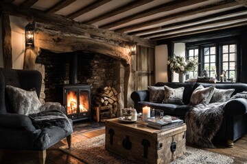 Fototapeta premium Cozy rustic living room with wood-burning stove, exposed beams, and plush sofas creating a warm, inviting atmosphere.