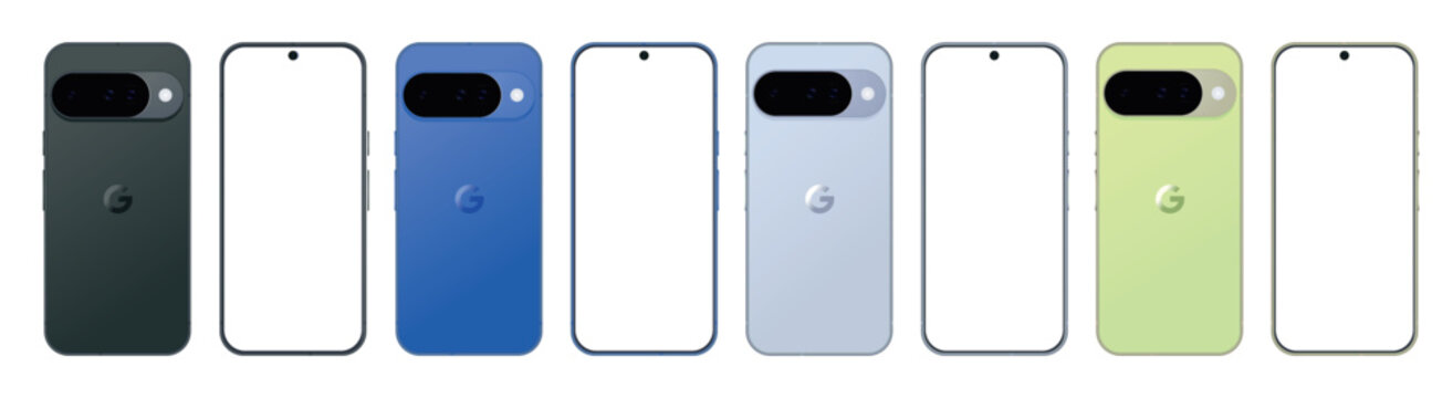 Google Pixel 10 mockup back, green, and transparent screen, mobile phone isolated on white background all colors