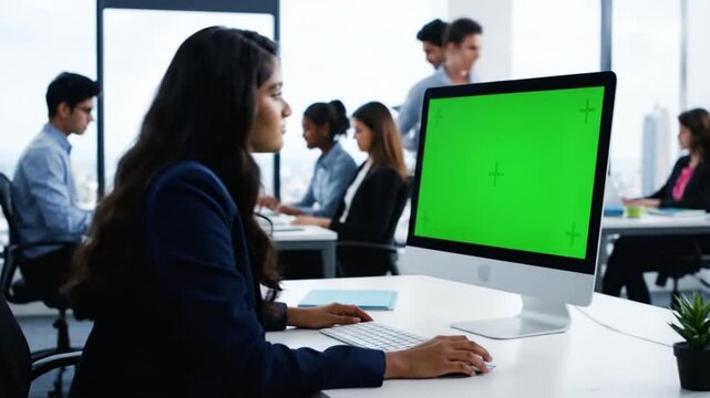 Businesswoman working on computer with green screen in modern office with coworkers in background in bright natural lighting for marketing template