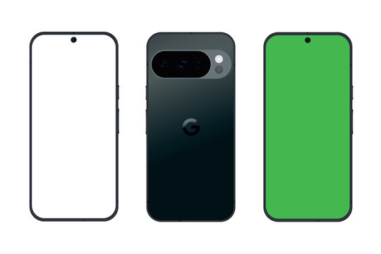 Google Pixel 10 pro mockup Obsidian back, green, and transparent screen, mobile phone isolated on white background