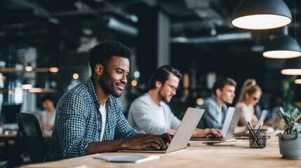Young professionals working on laptops in a modern open plan office with collaborative atmosphere and warm lighting.