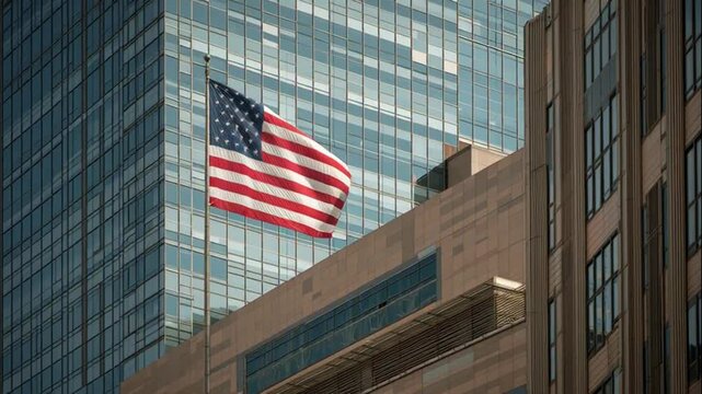 Modern city skyscraper and architectural detail with national flag display