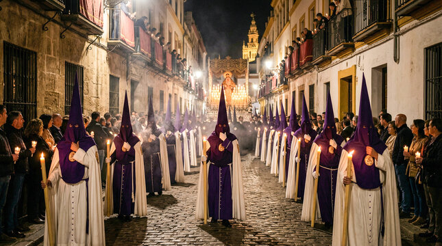 Procesi&oacute;n nocturna de Semana Santa en Espa&ntilde;a con nazarenos de t&uacute;nicas moradas y velas encendidas, acompa&ntilde;ando un paso iluminado por cirios en calle hist&oacute;rica empedrada.