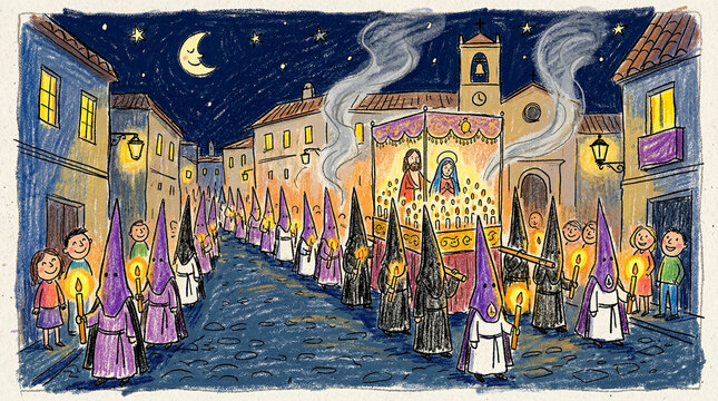 Ilustraci&oacute;n de una procesi&oacute;n de Semana Santa en un pueblo espa&ntilde;ol, con nazarenos portando velas y paso religioso iluminado frente a una iglesia bajo cielo estrellado. Ambiente tradicional, espiritual