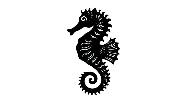 A silhouette of a seahorse, black against white, showing decorative patterns and a curly tail