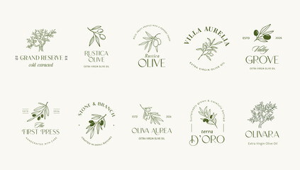 Naklejka premium Vintage hand drawn olive old labels, badges and minimalist logos.