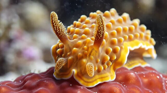 Vibrant orange nudibranch sea slug with textured body and cerata crawling on a red coral reef underwater in clear ocean water macro shot.