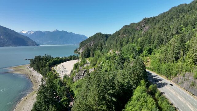 Aerial  Revealing Sea to Sky Highway Along Howe Sound, British Columbia Canada