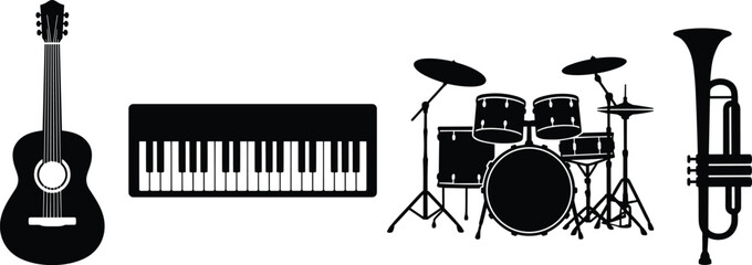 Musical instrument silhouette set featuring guitar, piano keyboard, drum kit and trumpet, black vector music icons isolated on white background for band and orchestra design. © MdMurad