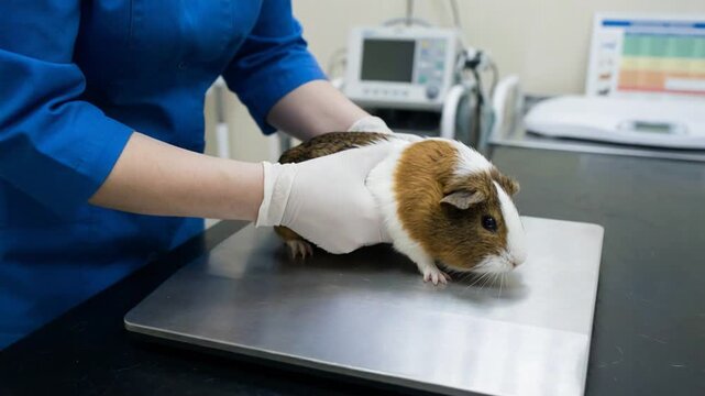A person is holding a small animal on a scale