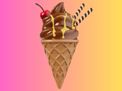 es krim cokelat lembut dalam cone waffle. Es krim tersebut diberi topping saus karamel mengilap, sebuah ceri merah, dan dua stik wafer bergaris. Latar belakangnya berupa gradasi warna daice cream cone