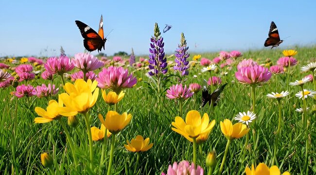 Vibrant Meadow Scene Abundant With Blooming Wildflowers and Fluttering Butterflies Under a Bright Blue Sky