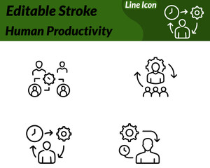 Modern flat vector icon featuring a person silhouette combined with a gear and upward arrow. Symbolizing efficiency performance and growth. Clean line minimal design professional blue and green color.