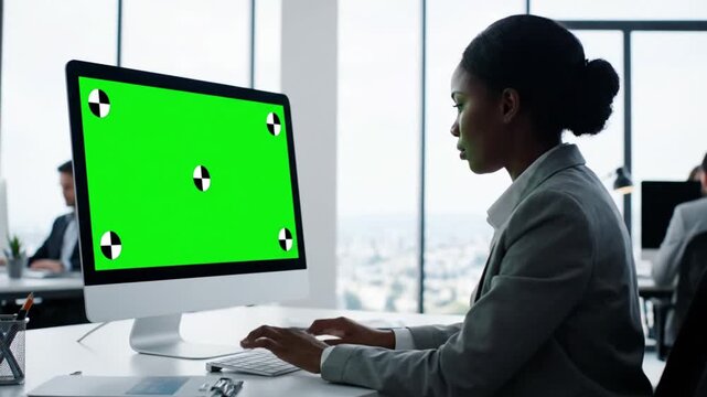 Woman working on computer with green screen display in modern office setting with bright natural lighting for business template