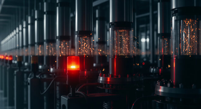 Row of gas centrifuges enriching uranium for nuclear power or weapon production. A single red warning light flashing. Atomic energy technology, global crisis concept.