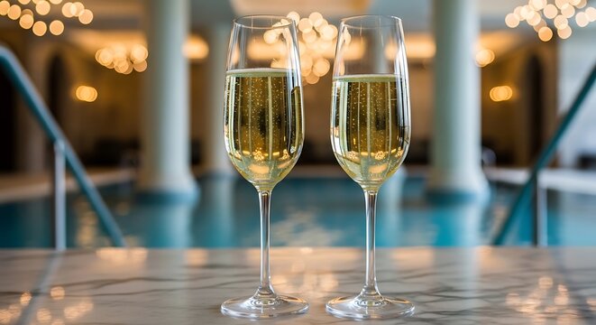 Two fluted glasses of bubbly champagne sit before a blurred pool and architectural backdrop