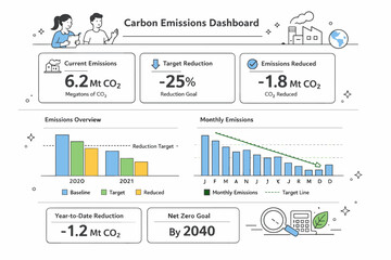 Carbon emissions dashboard. Bar charts and data cards showing emission levels and reductions, clearly structured and easy to read. The scene suggests