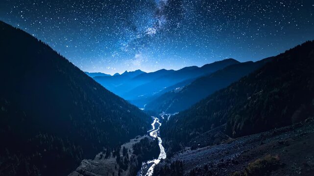 Majestic Night Sky Over Mountain Valley with Starry Sky and Flowing River.