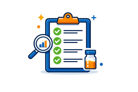 Clinical trial coordinator clipboard showing a clipboard with completed checkmarks and a small vial icon, symbolizing trial monitoring, data collection, and