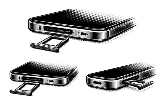 Smartphone SIM tray A smartphone edge detail featuring SIM tray slot and pinhole shown in close-up front, angled, and side views as one object composition.