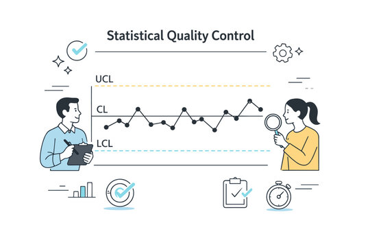 Statistical quality control. Line charts and control limits displayed clearly, showing stable and monitored processes. The illustration conveys balance,
