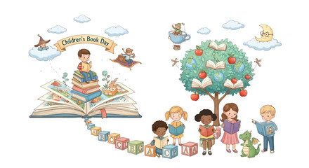 Obraz premium Children Reading Books Under Tree Illustration.