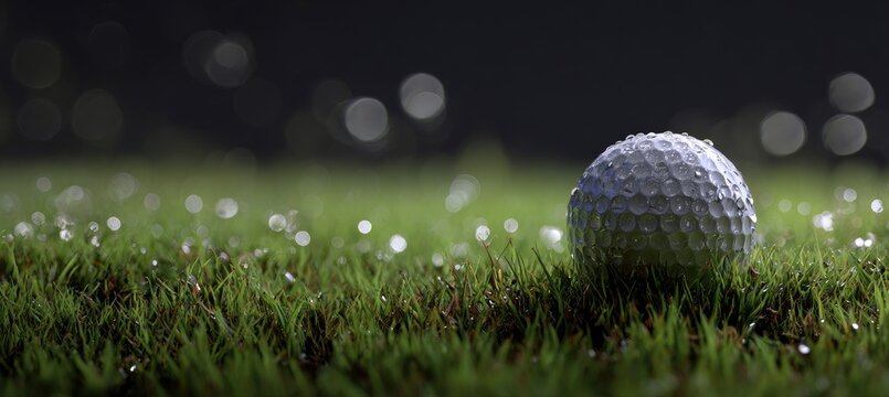 Close-up of a golf ball resting on lush green grass with bokeh lights in the background.