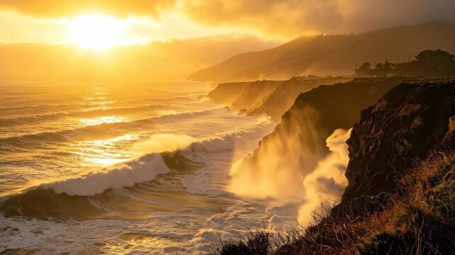 Majestic Ocean Waves Crashing Against Rocky Cliffs During Sunset.