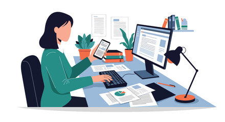 Modern flat vector illustration of employee multitasking at desk with laptop, phone and documents representing busy workflow, productivity and modern office lifestyle
