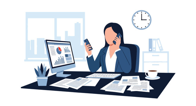 Modern flat vector illustration of employee multitasking at desk with laptop, phone and documents representing busy workflow, productivity and modern office lifestyle