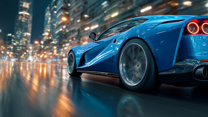 Fototapeta premium Blue luxury supercar driving fast on wet city street at night with motion blur; glowing city lights reflected on asphalt, side view of powerful sport car in motion, urban lifestyle