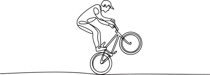 Naklejka premium One continuous line drawing of Cycling freestyle BMX vector illustration. Cycling freestyle BMX design in simple linear continuous style vector concept. one line Icon drawing