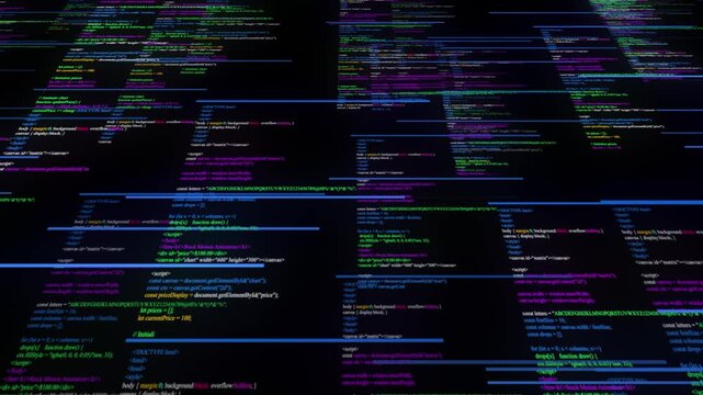 Dynamic Visualization Of Multi-colored Computer Programming Code Scrolling And Glitching Horizontally On A Black Screen. Features Html Tags And Javascript Functions In Vibrant Shades Of Blue, Green, 