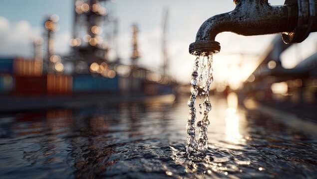 Water Flowing From Industrial Tap at Sunset.