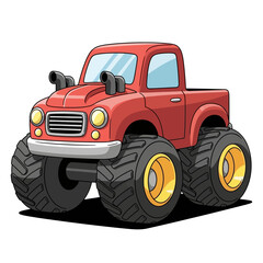 Red Monster Truck Cartoon Illustration with Large Wheels. © dada