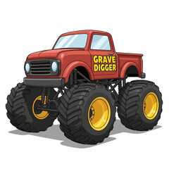 Red Monster Truck Grave Digger Cartoon Illustration. © dada