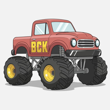 Red Monster Truck with Large Wheels and BCK Lettering.