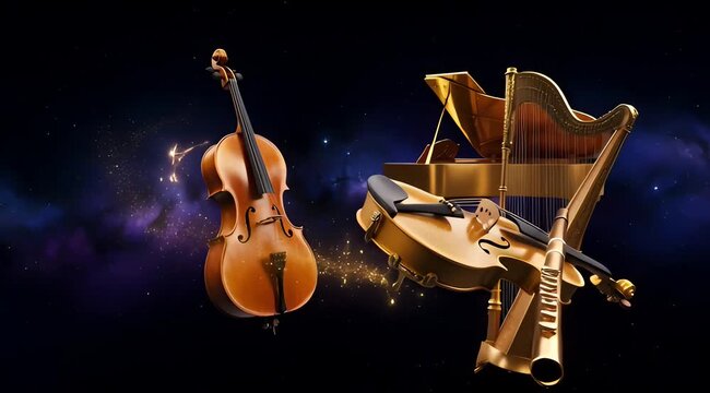 Golden musical instruments arranged in a celestial composition with a touch of cosmic sparkle