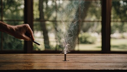 Hand lighting a small incense stick on a wooden table with smoke rising.