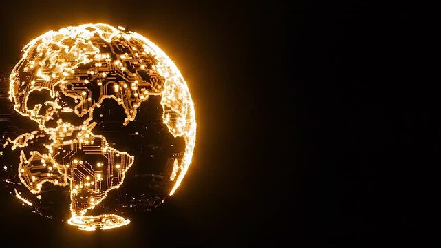Looping 3D animation of a glowing golden tech earth globe representing global connectivity and data.