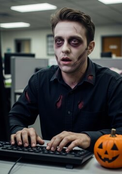 Young man in zombie makeup typing on keyboard in office with a pumpkin. Halloween spooky horror costume for party and celebration.